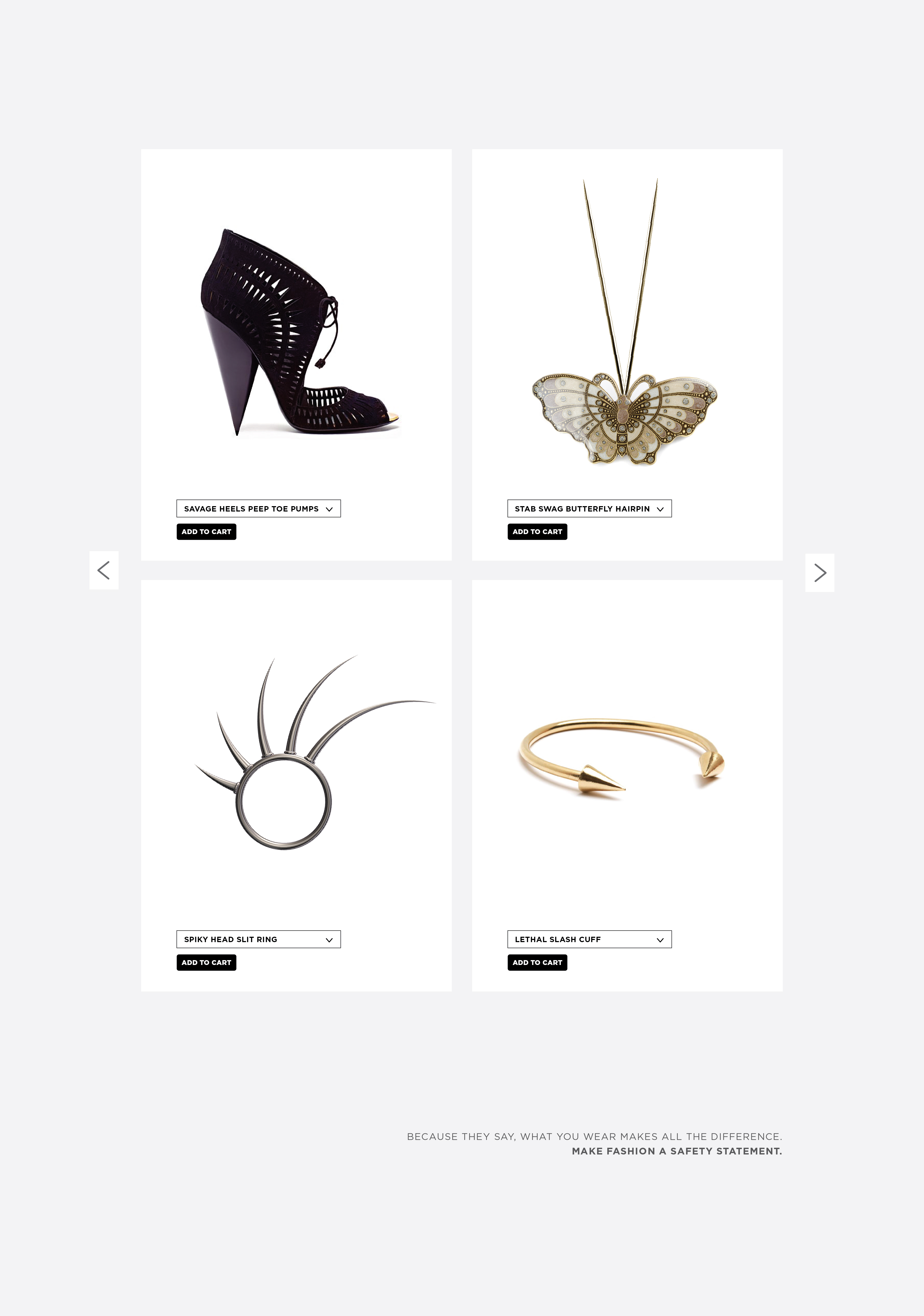 Young Lions product concept: Savage Heels Peep Toe Pumps, Stab Swag Butterfly Hairpin, Spiky Head Slit Ring and Lethal Slash Cuff, styled as self-defence fashion accessories